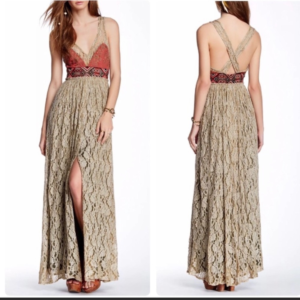 Free People Crushed Gold Party Maxi Dress